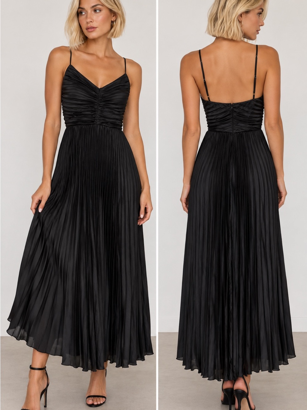 Princess Polly Black Pleated Maxi Dress with Ruched V-Bodice